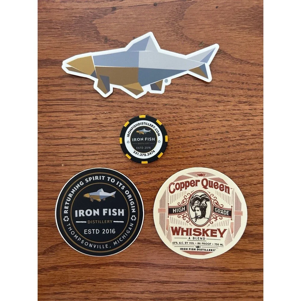 Iron Fish Distillery swag decals poker chip